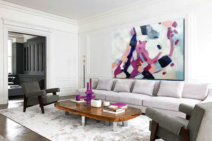 Large Abstract Painting,Horizontal Palette Knife Contemporary Art,Custom Canvas Wall Art,White,Nude,Purple,Dark Blue.etc